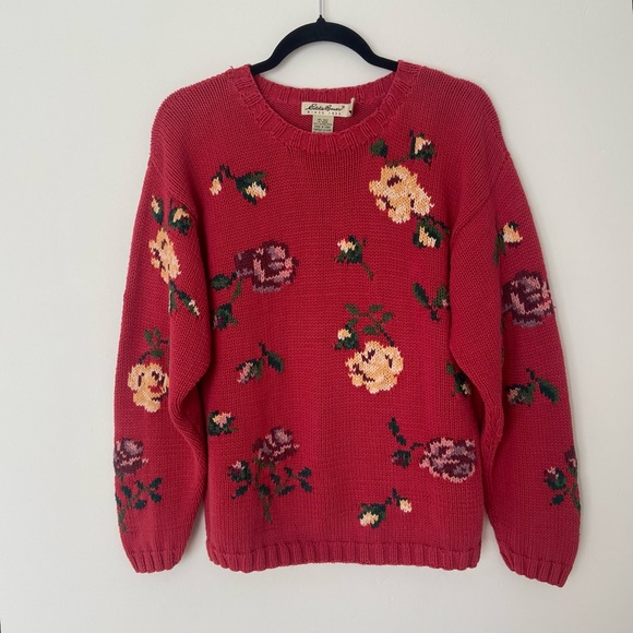 Vintage Sweaters - Vintage Eddie Bauer Rose Floral Print Cottage Core Sweater sz Medium